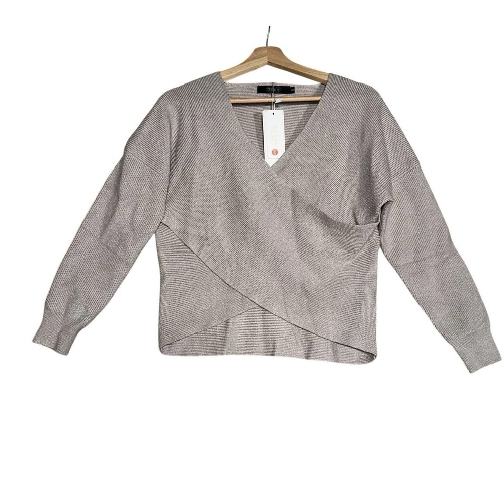 ZCSIA Wrap Sweater Womens Sz S Gray Long Sleeve V Neck Winter Christmas Holiday